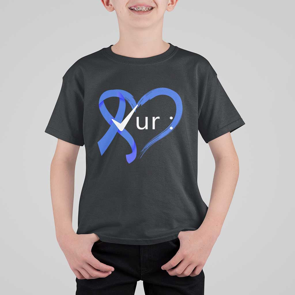 Funny Check Your Colon Colorectal Cancer Awareness T Shirt For Kid Dark Blue Ribbon Heart