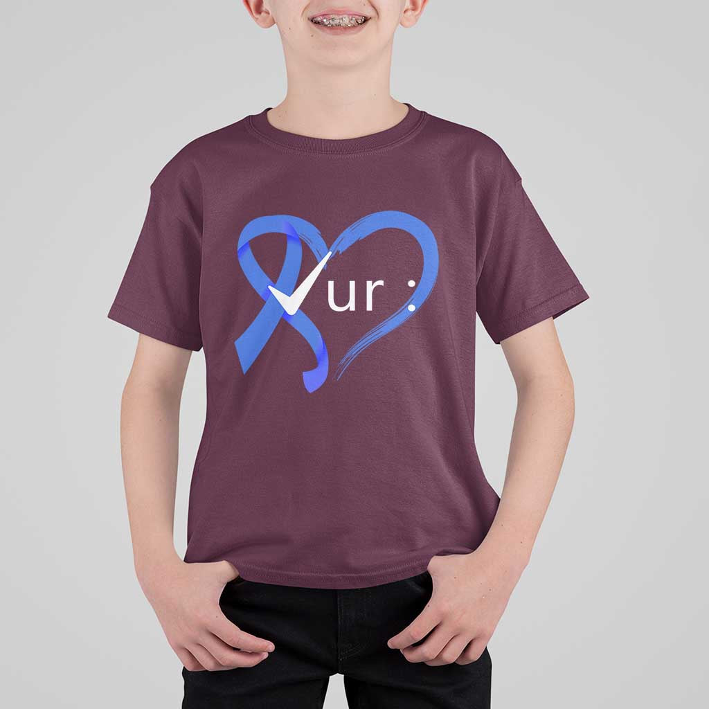 Funny Check Your Colon Colorectal Cancer Awareness T Shirt For Kid Dark Blue Ribbon Heart
