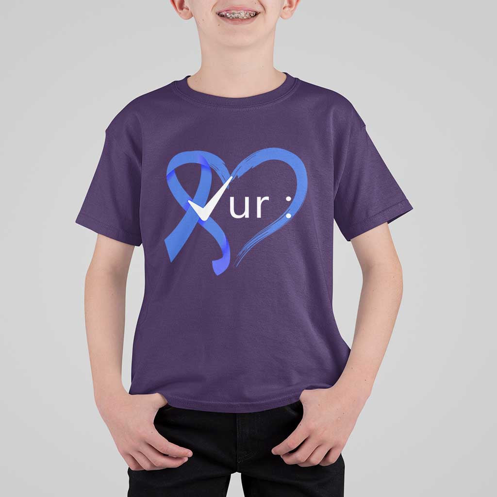 Funny Check Your Colon Colorectal Cancer Awareness T Shirt For Kid Dark Blue Ribbon Heart