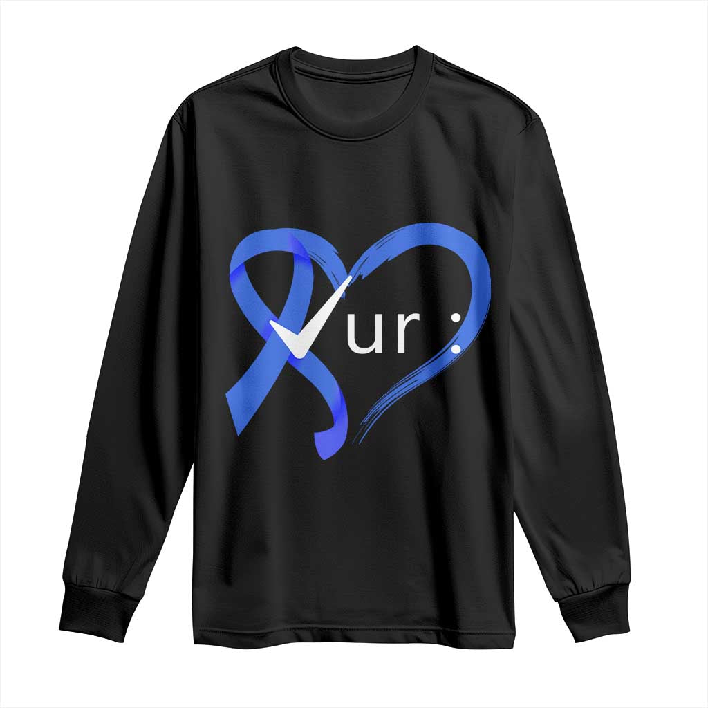 Funny Check Your Colon Colorectal Cancer Awareness Long Sleeve Shirt Dark Blue Ribbon Heart