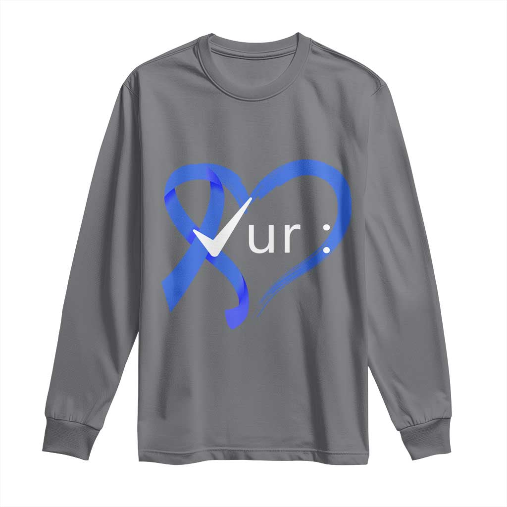 Funny Check Your Colon Colorectal Cancer Awareness Long Sleeve Shirt Dark Blue Ribbon Heart