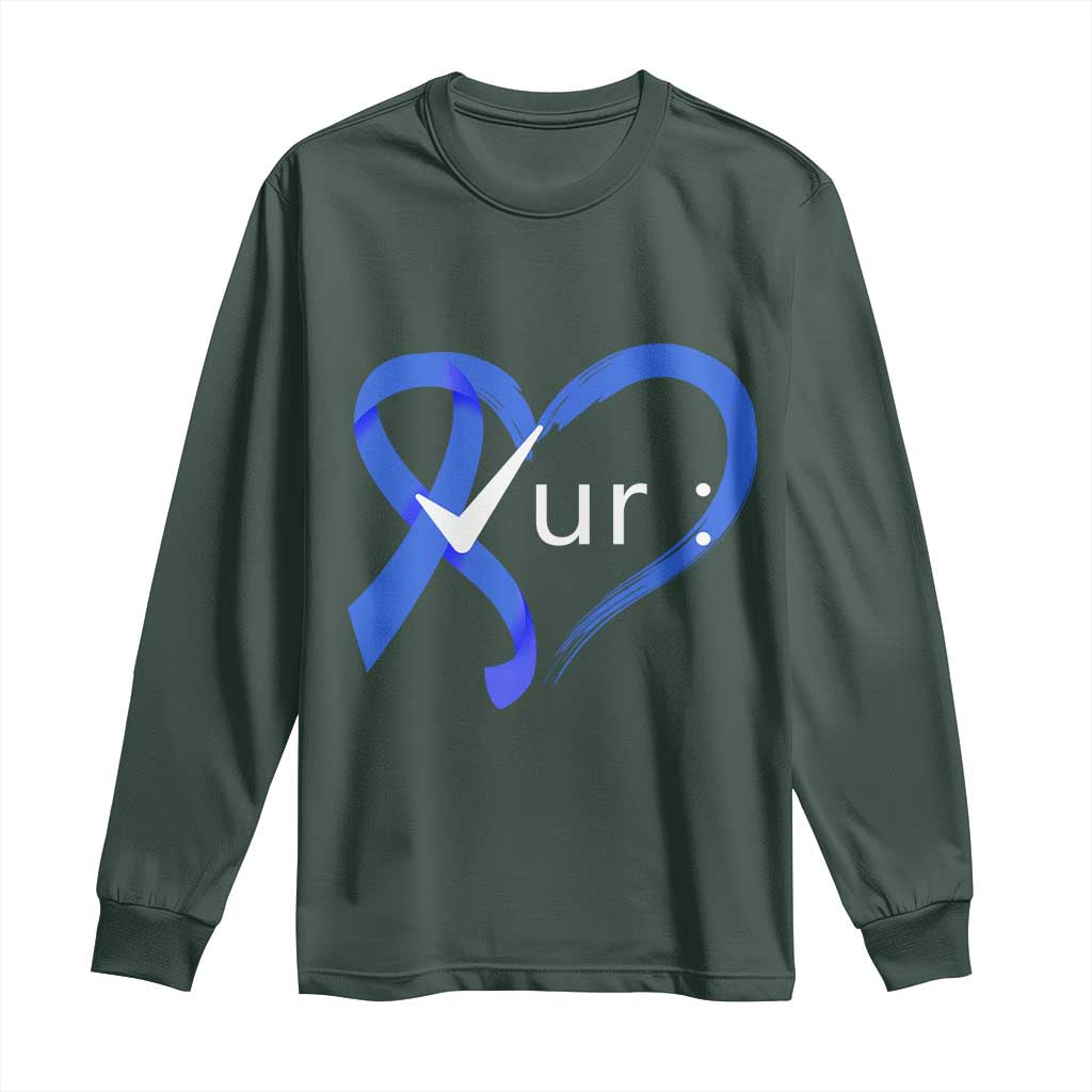 Funny Check Your Colon Colorectal Cancer Awareness Long Sleeve Shirt Dark Blue Ribbon Heart