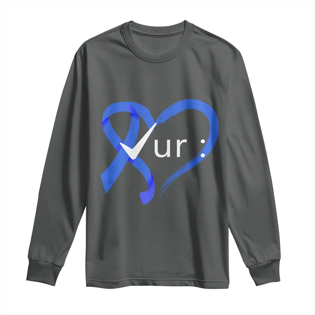 Funny Check Your Colon Colorectal Cancer Awareness Long Sleeve Shirt Dark Blue Ribbon Heart