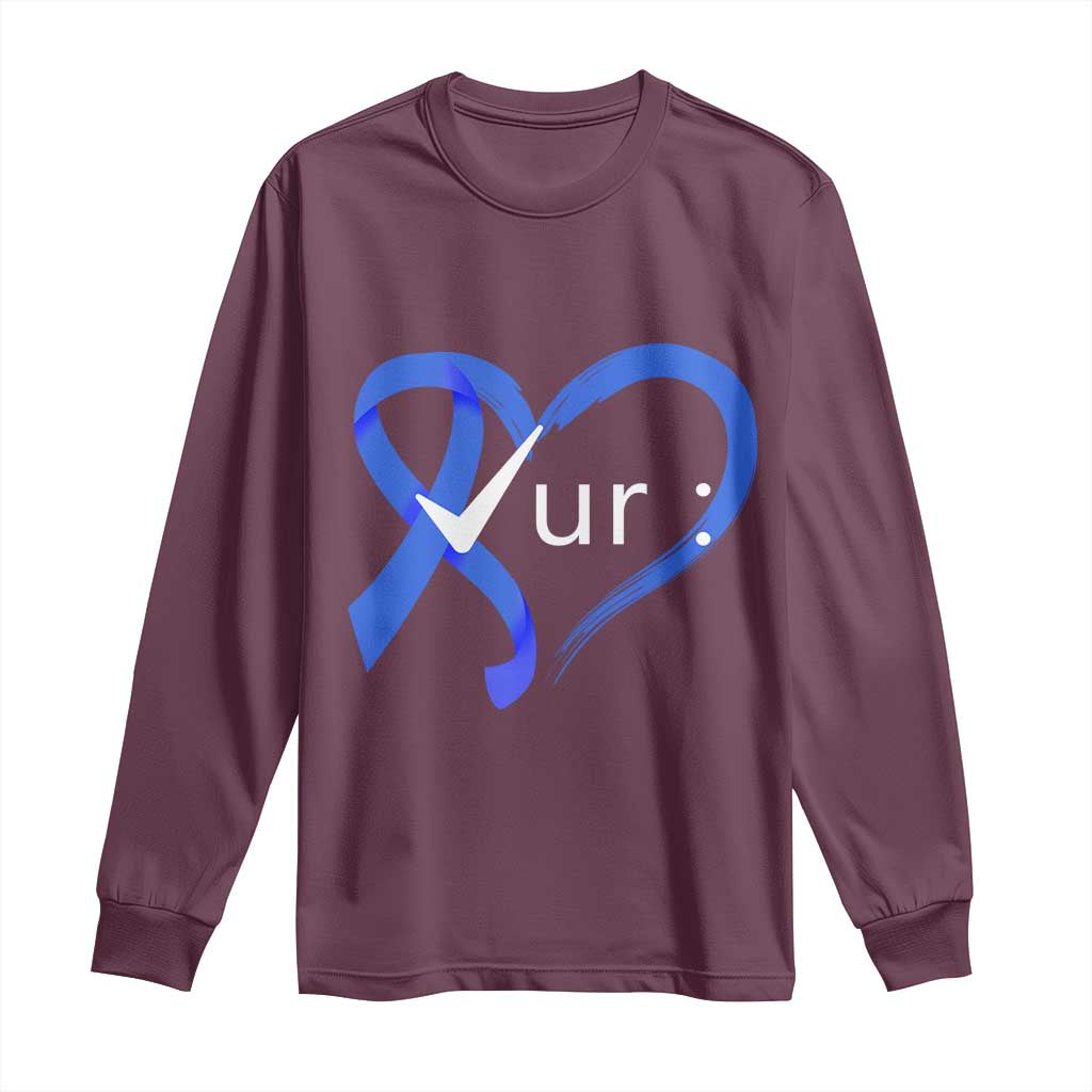 Funny Check Your Colon Colorectal Cancer Awareness Long Sleeve Shirt Dark Blue Ribbon Heart
