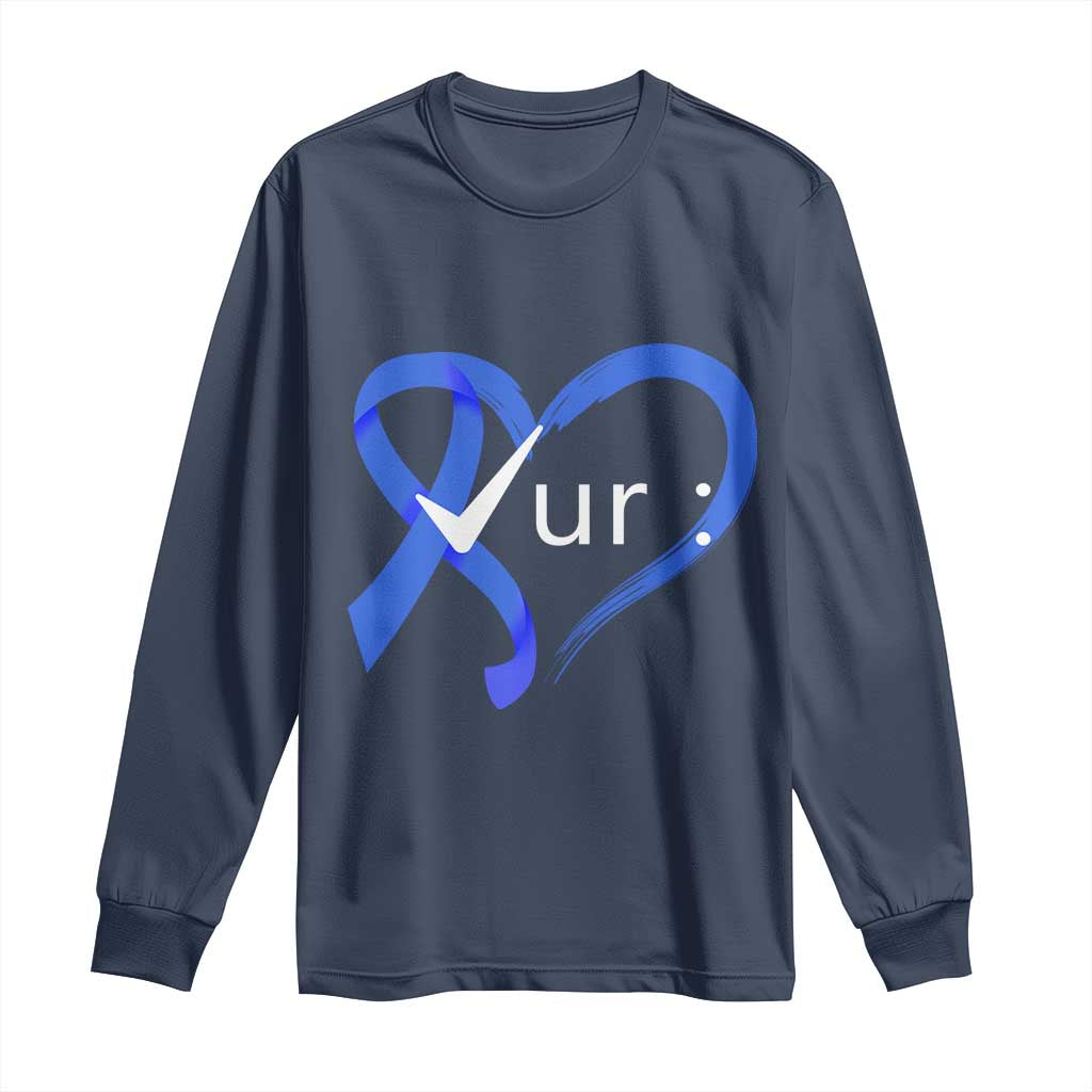 Funny Check Your Colon Colorectal Cancer Awareness Long Sleeve Shirt Dark Blue Ribbon Heart