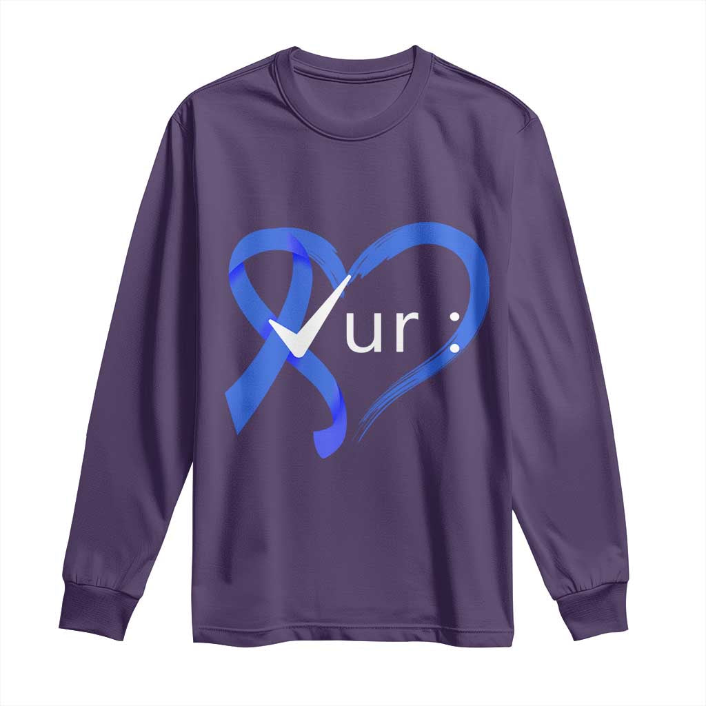 Funny Check Your Colon Colorectal Cancer Awareness Long Sleeve Shirt Dark Blue Ribbon Heart