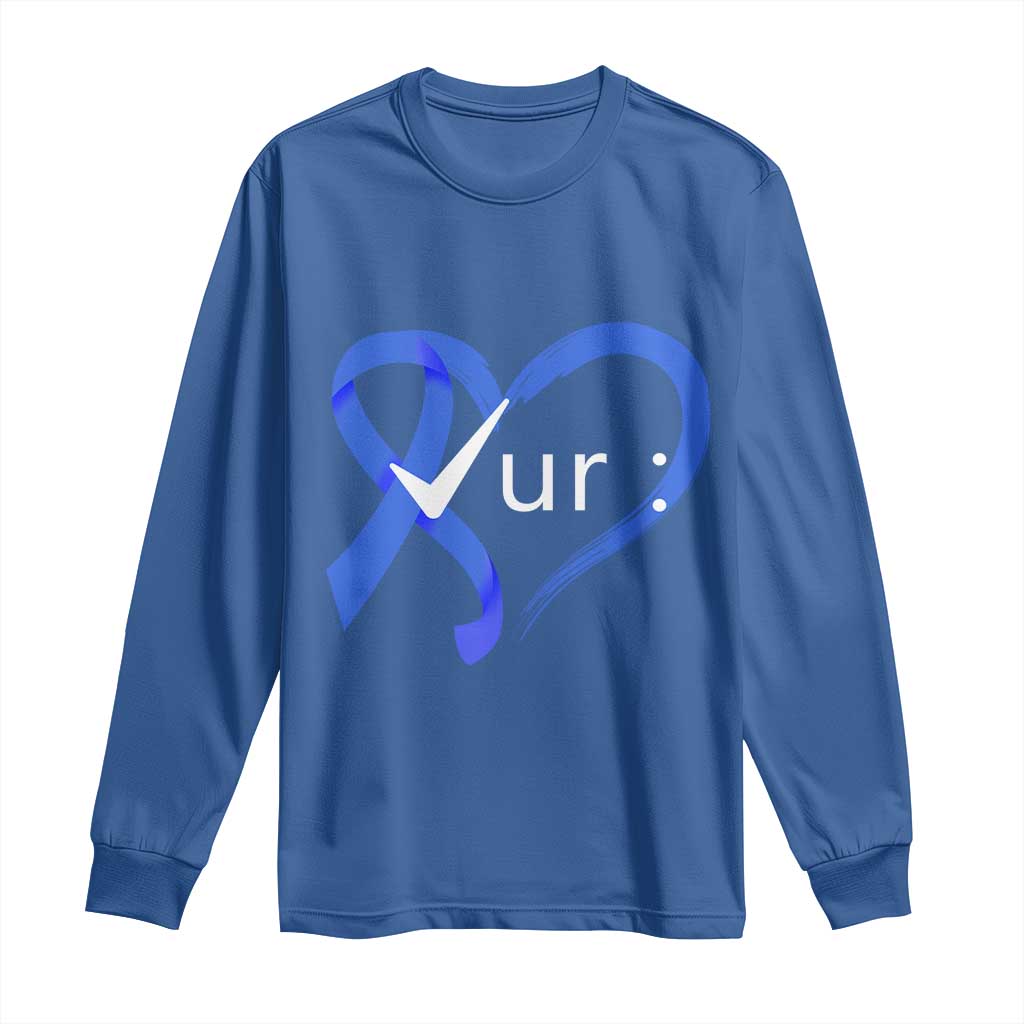 Funny Check Your Colon Colorectal Cancer Awareness Long Sleeve Shirt Dark Blue Ribbon Heart
