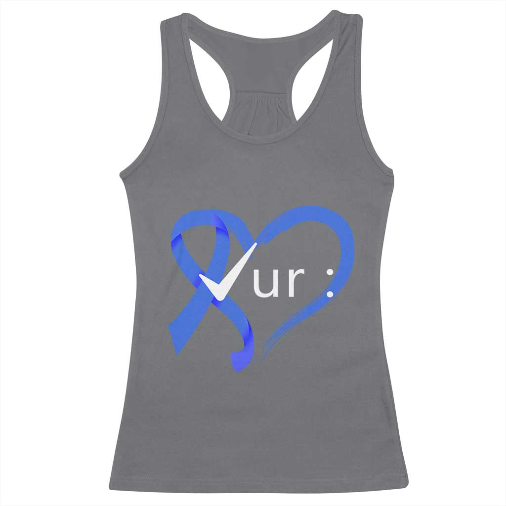 Funny Check Your Colon Colorectal Cancer Awareness Racerback Tank Top Dark Blue Ribbon Heart