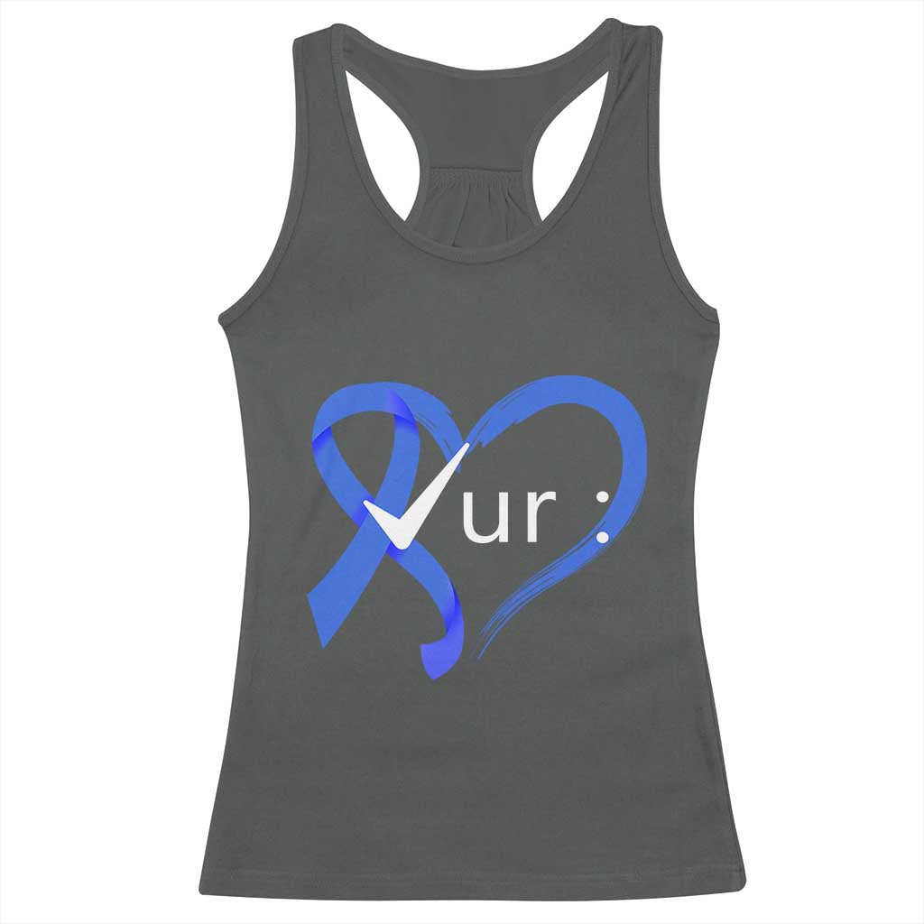 Funny Check Your Colon Colorectal Cancer Awareness Racerback Tank Top Dark Blue Ribbon Heart