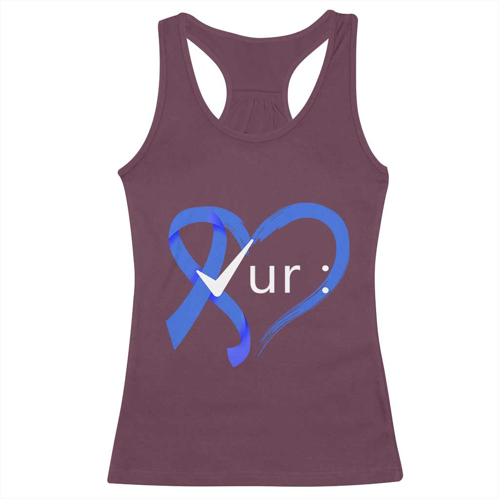 Funny Check Your Colon Colorectal Cancer Awareness Racerback Tank Top Dark Blue Ribbon Heart