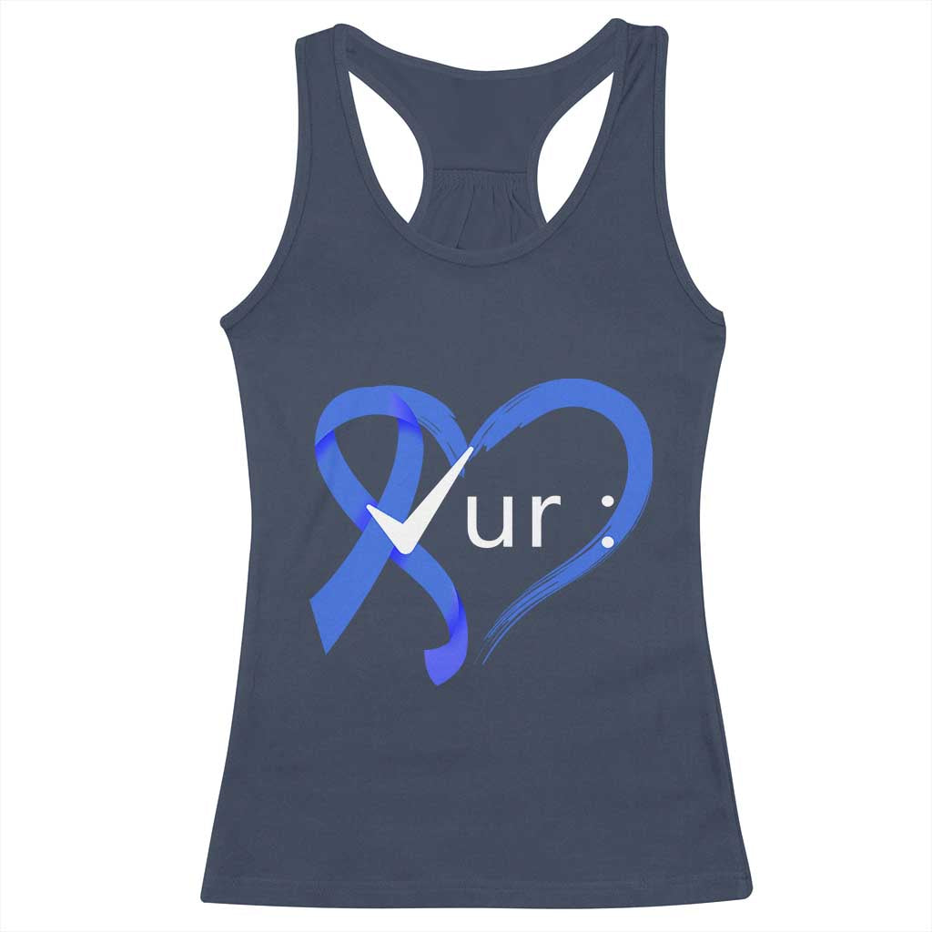 Funny Check Your Colon Colorectal Cancer Awareness Racerback Tank Top Dark Blue Ribbon Heart