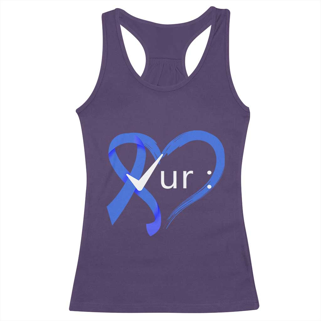 Funny Check Your Colon Colorectal Cancer Awareness Racerback Tank Top Dark Blue Ribbon Heart