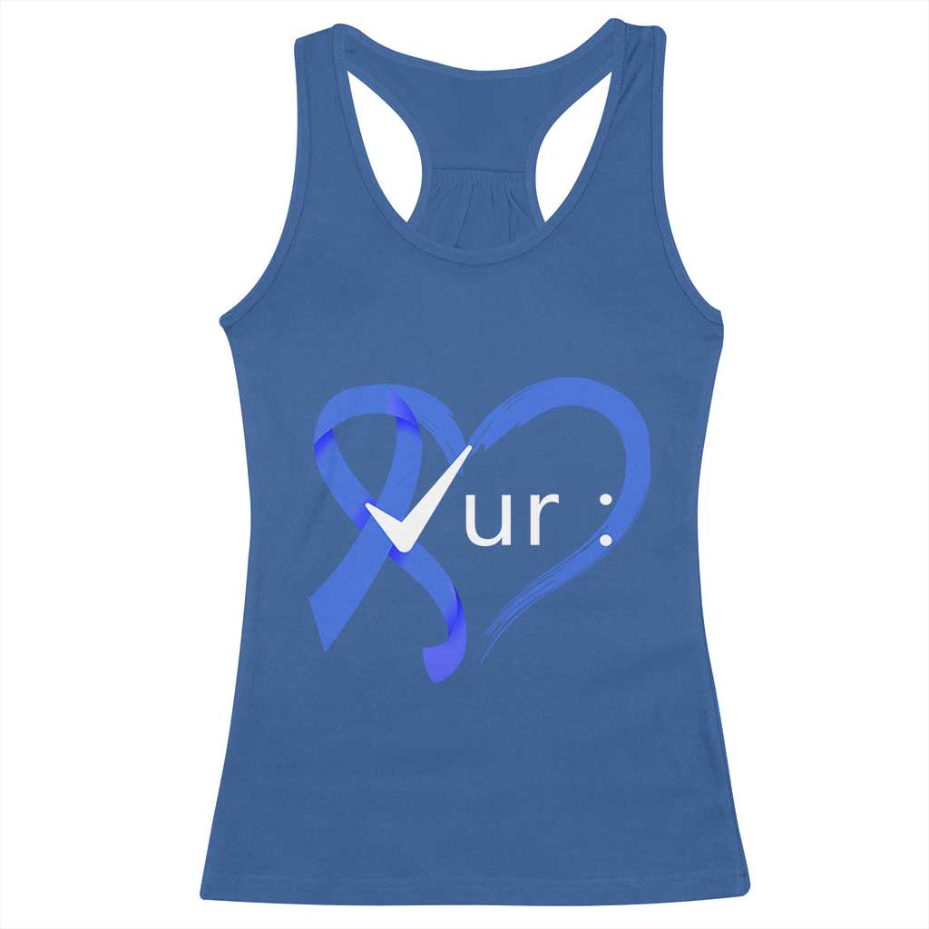 Funny Check Your Colon Colorectal Cancer Awareness Racerback Tank Top Dark Blue Ribbon Heart