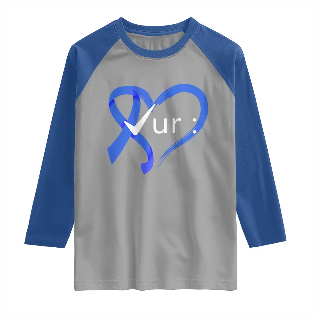 Funny Check Your Colon Colorectal Cancer Awareness Raglan Shirt Dark Blue Ribbon Heart