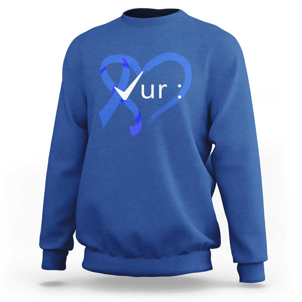 Funny Check Your Colon Colorectal Cancer Awareness Sweatshirt Dark Blue Ribbon Heart