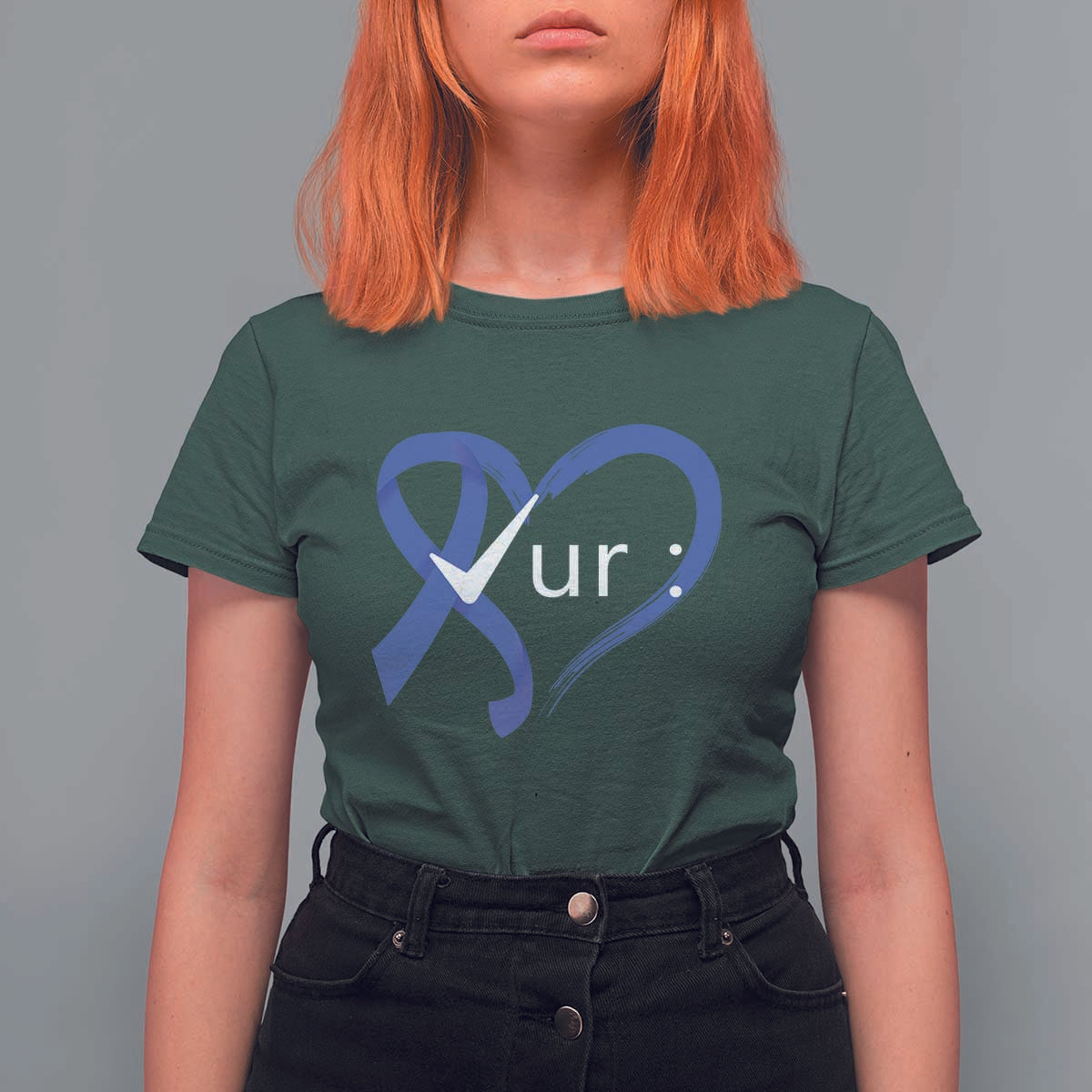 Funny Check Your Colon Colorectal Cancer Awareness T Shirt For Women Dark Blue Ribbon Heart