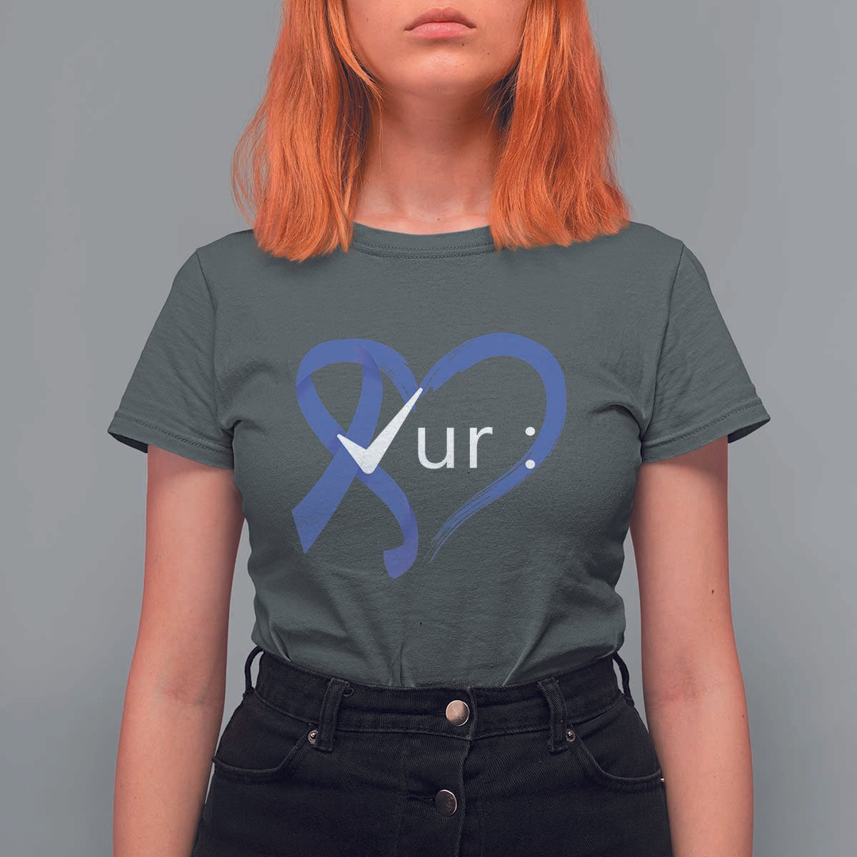Funny Check Your Colon Colorectal Cancer Awareness T Shirt For Women Dark Blue Ribbon Heart