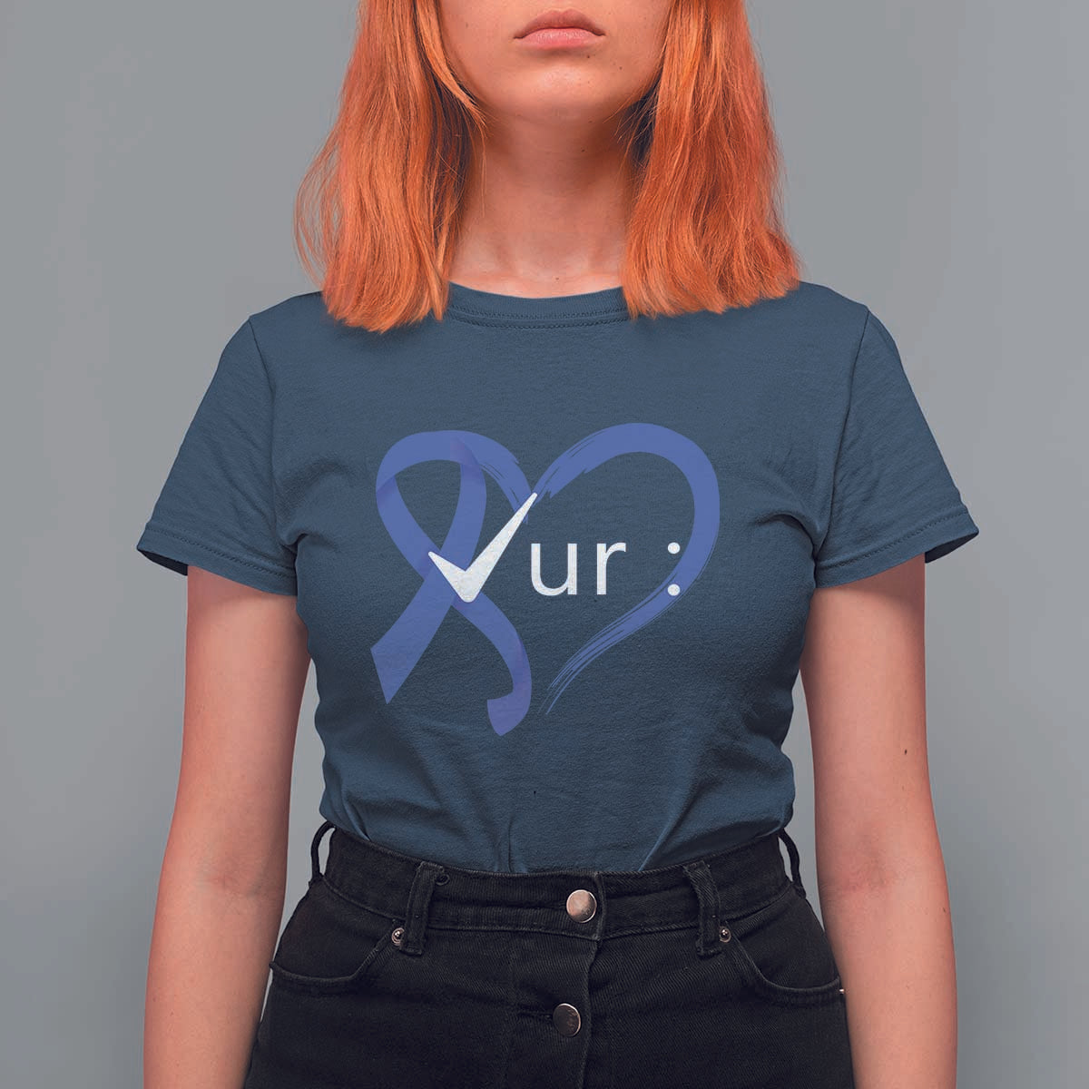Funny Check Your Colon Colorectal Cancer Awareness T Shirt For Women Dark Blue Ribbon Heart