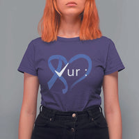 Funny Check Your Colon Colorectal Cancer Awareness T Shirt For Women Dark Blue Ribbon Heart