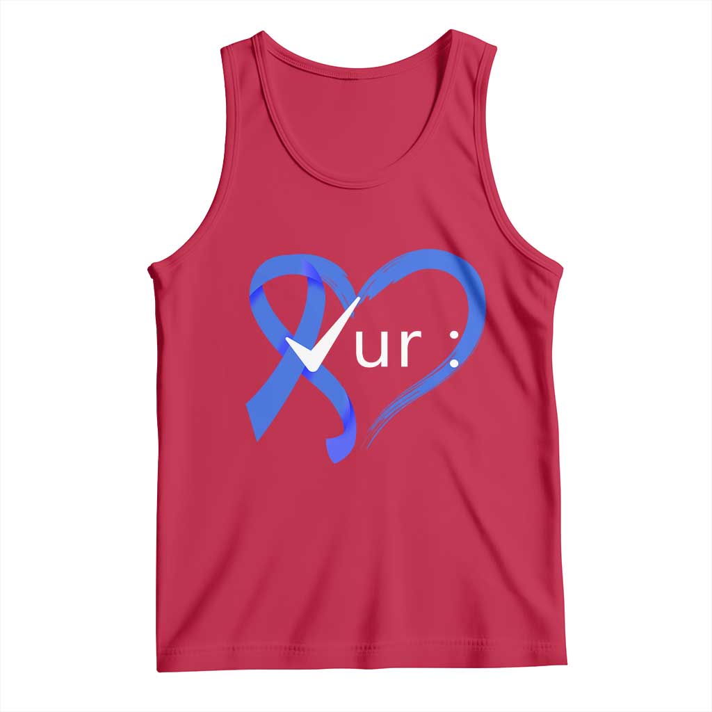 Funny Check Your Colon Colorectal Cancer Awareness Tank Top Dark Blue Ribbon Heart