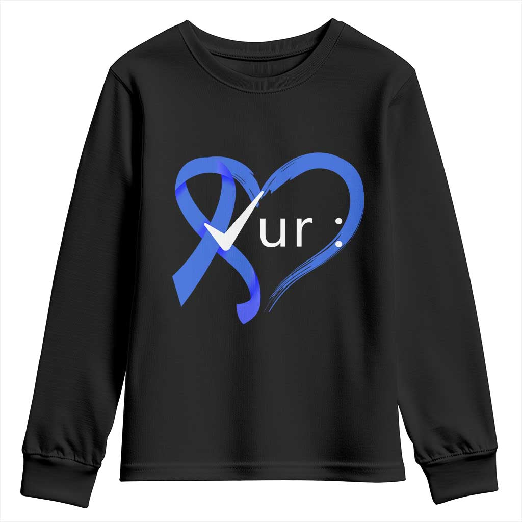 Funny Check Your Colon Colorectal Cancer Awareness Youth Sweatshirt Dark Blue Ribbon Heart