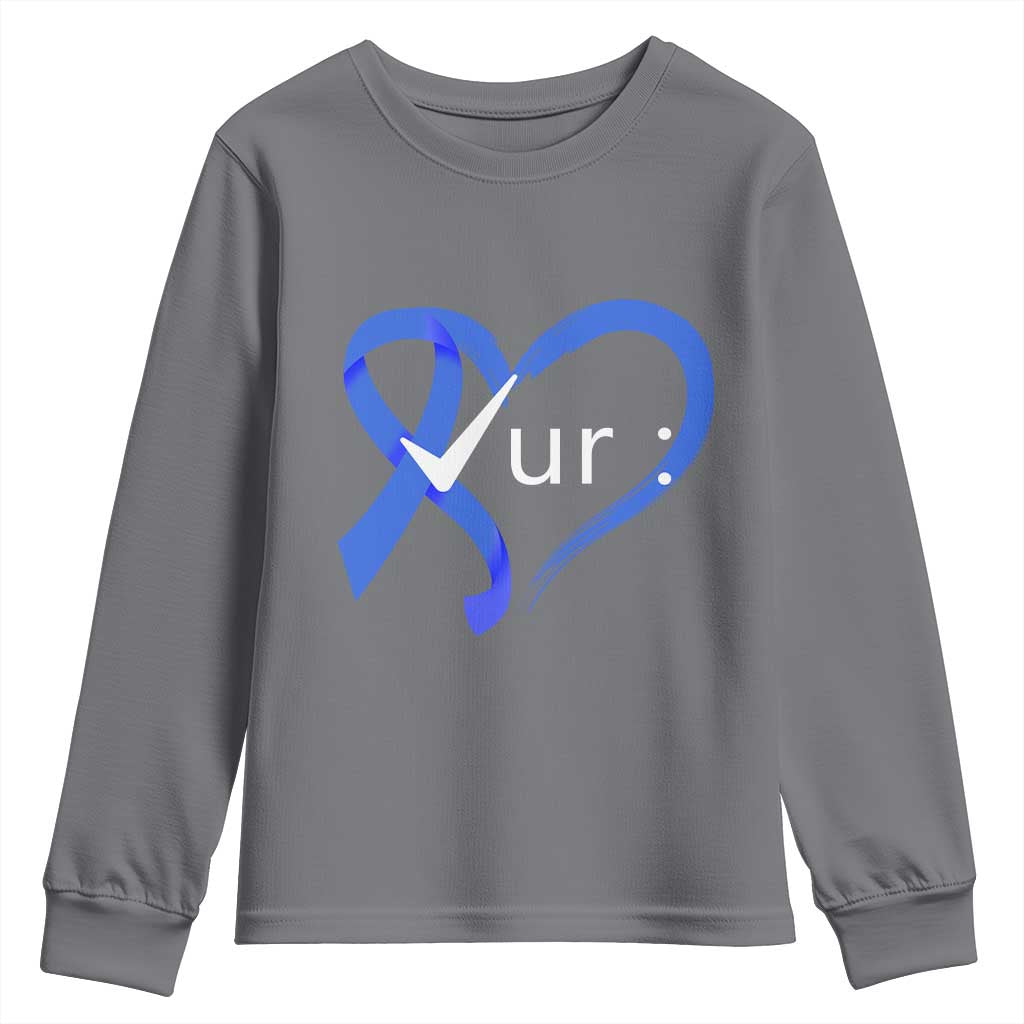 Funny Check Your Colon Colorectal Cancer Awareness Youth Sweatshirt Dark Blue Ribbon Heart
