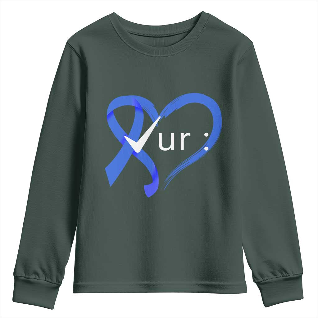 Funny Check Your Colon Colorectal Cancer Awareness Youth Sweatshirt Dark Blue Ribbon Heart