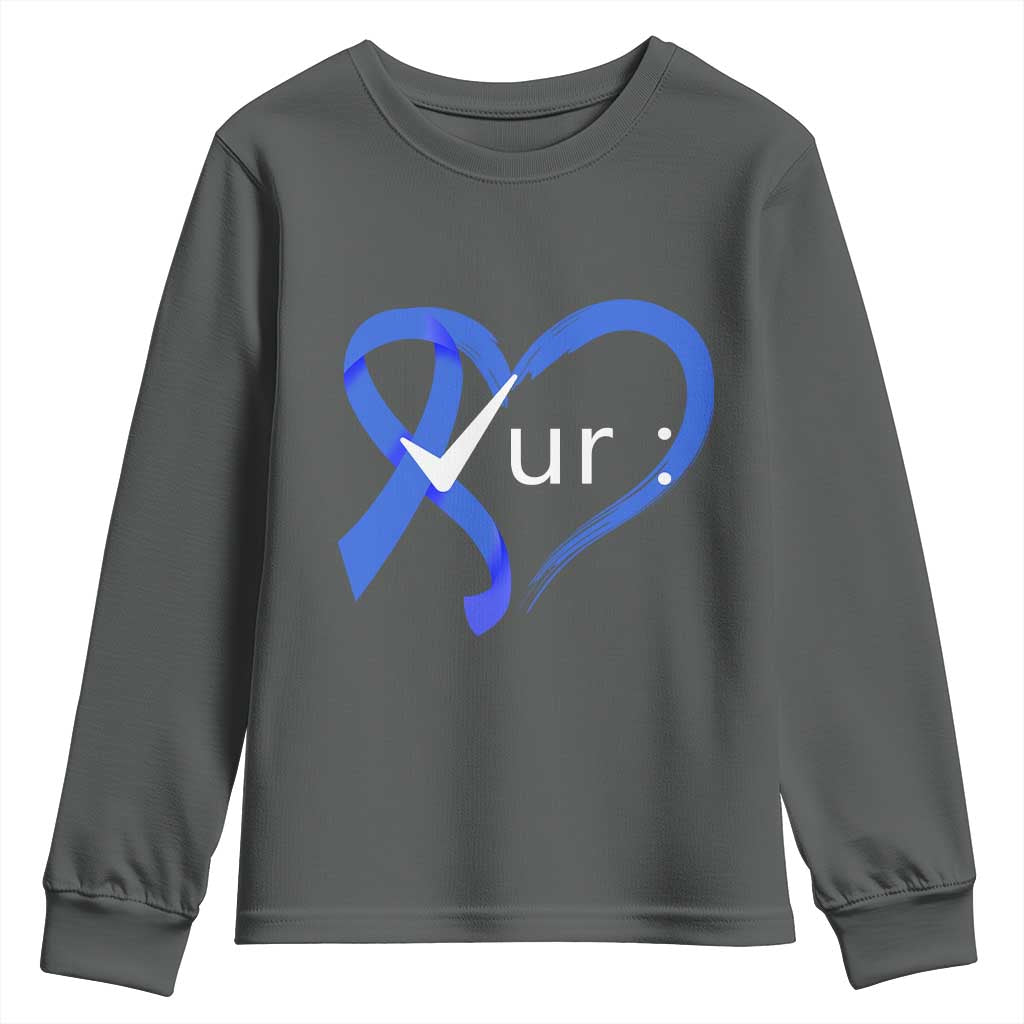 Funny Check Your Colon Colorectal Cancer Awareness Youth Sweatshirt Dark Blue Ribbon Heart