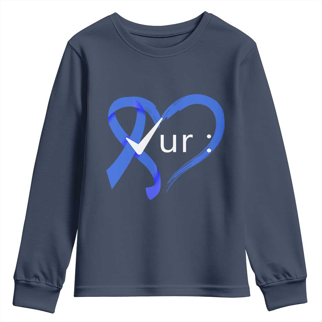 Funny Check Your Colon Colorectal Cancer Awareness Youth Sweatshirt Dark Blue Ribbon Heart