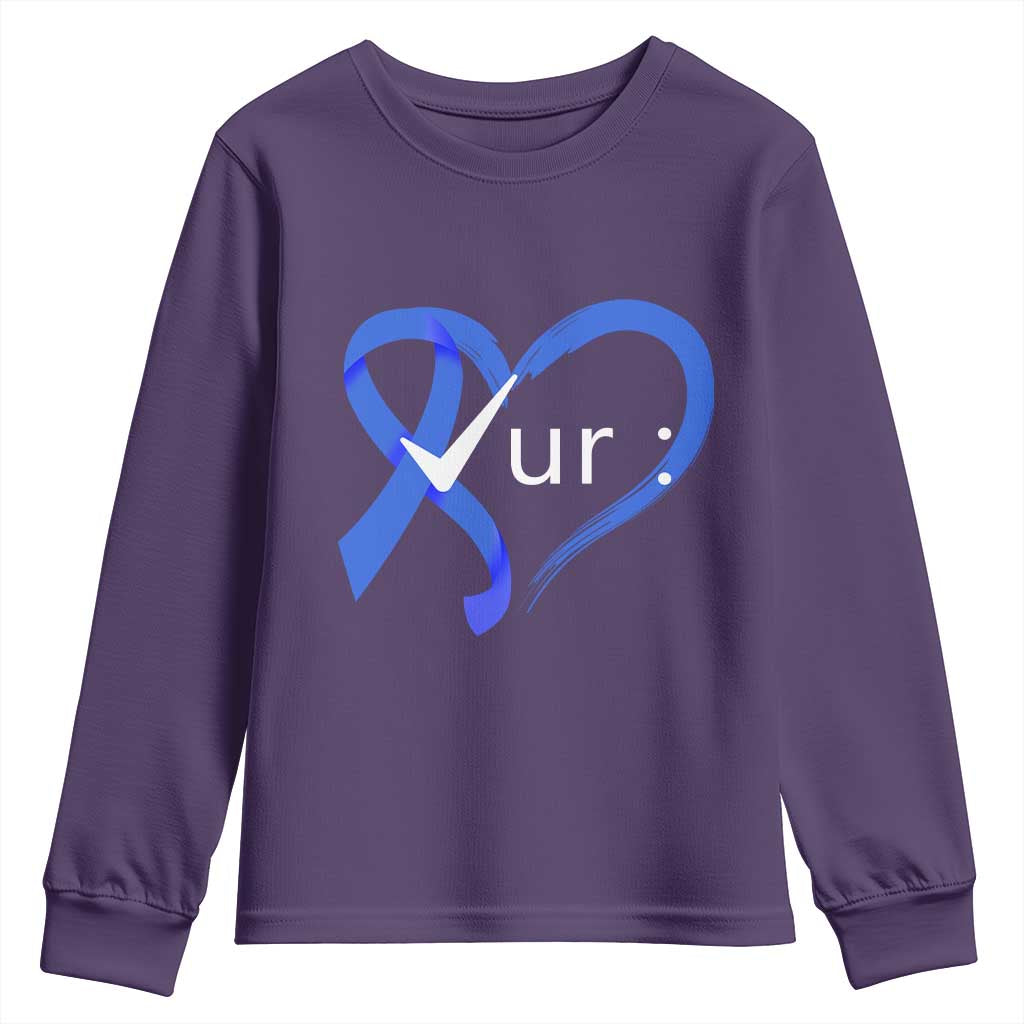 Funny Check Your Colon Colorectal Cancer Awareness Youth Sweatshirt Dark Blue Ribbon Heart