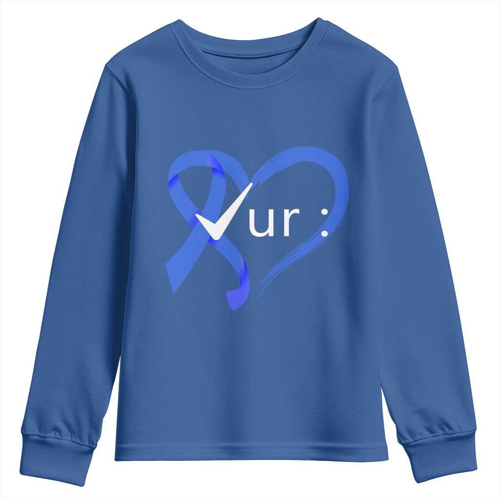 Funny Check Your Colon Colorectal Cancer Awareness Youth Sweatshirt Dark Blue Ribbon Heart
