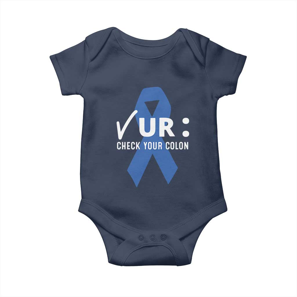 Funny Check Your Colon Colorectal Cancer Awareness Baby Onesie Dark Blue Ribbon