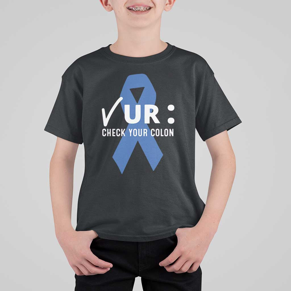 Funny Check Your Colon Colorectal Cancer Awareness T Shirt For Kid Dark Blue Ribbon