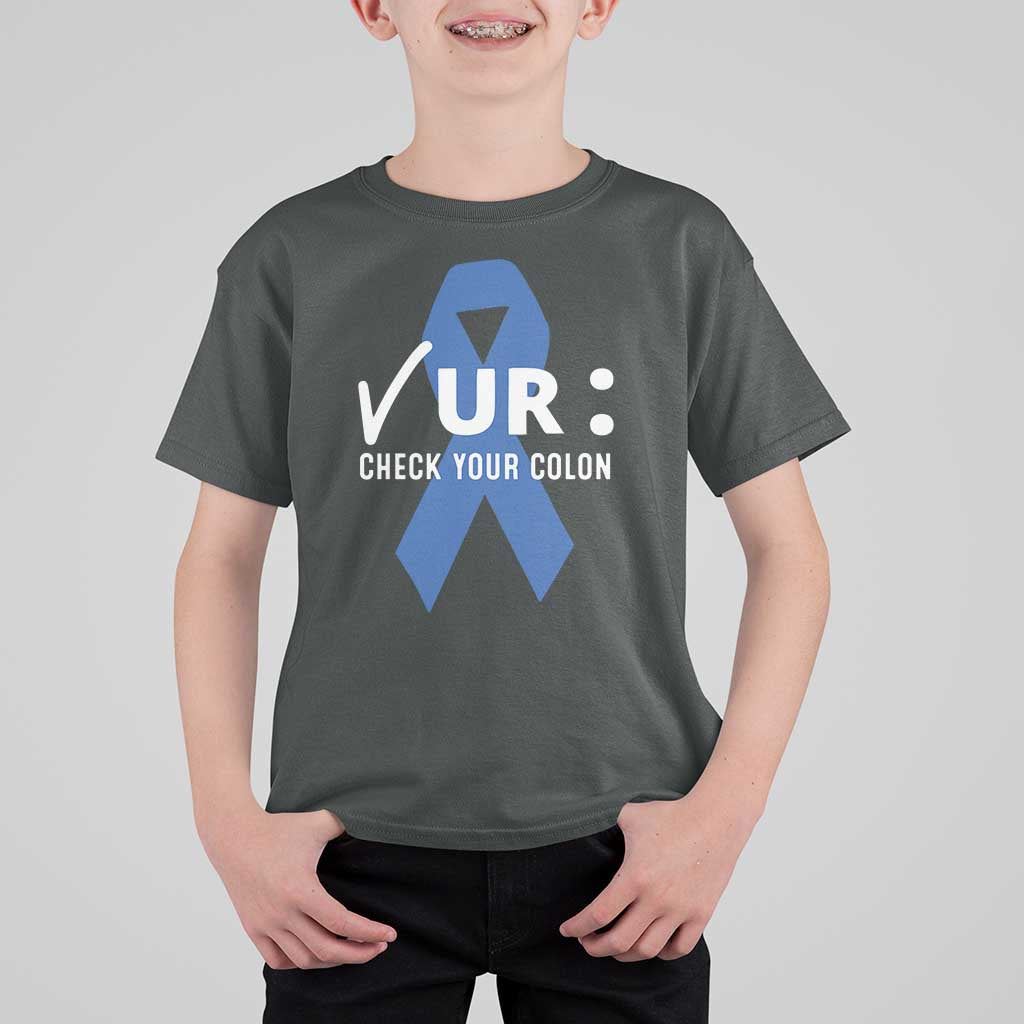 Funny Check Your Colon Colorectal Cancer Awareness T Shirt For Kid Dark Blue Ribbon