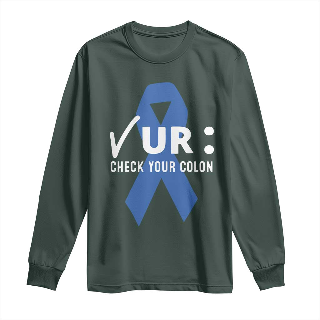 Funny Check Your Colon Colorectal Cancer Awareness Long Sleeve Shirt Dark Blue Ribbon