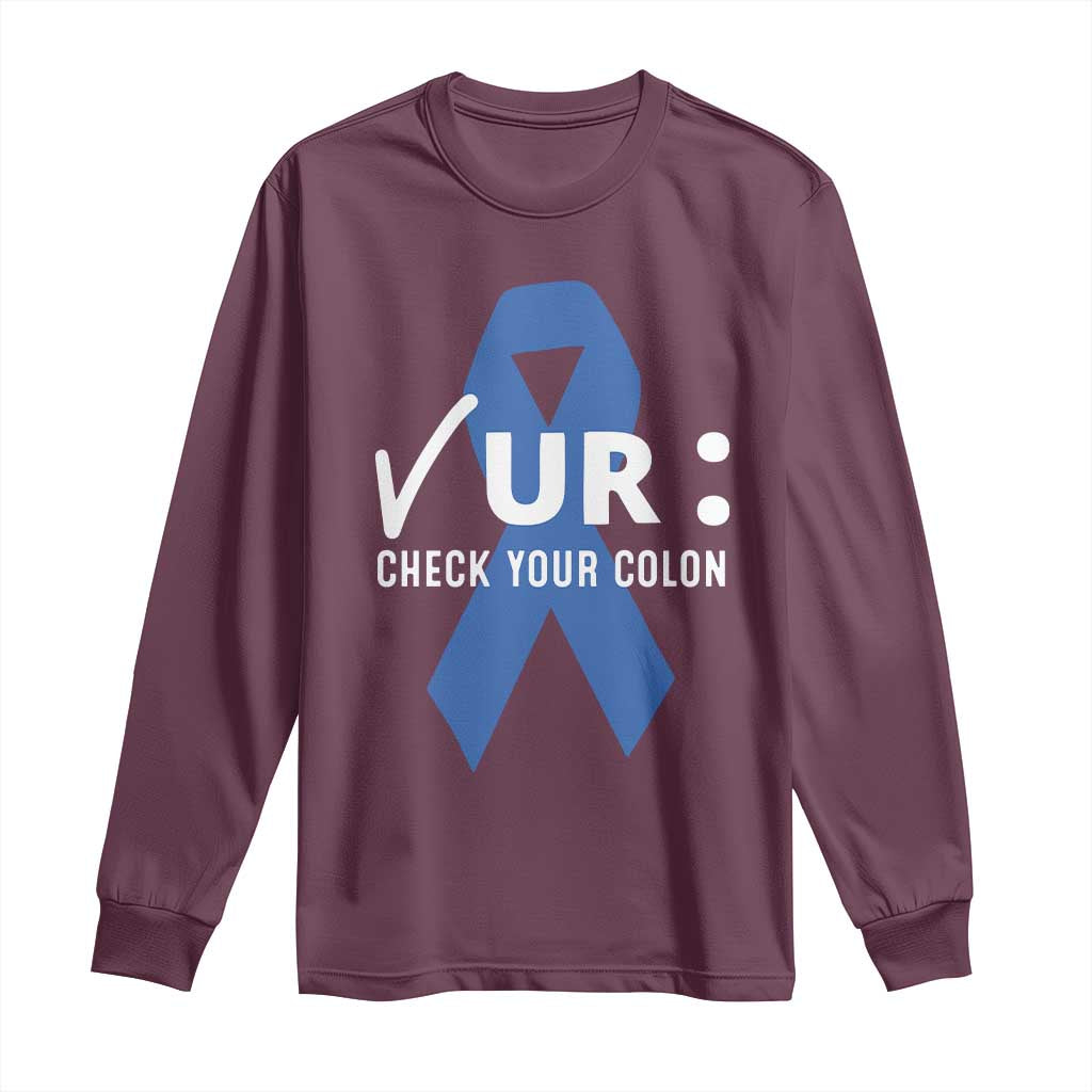 Funny Check Your Colon Colorectal Cancer Awareness Long Sleeve Shirt Dark Blue Ribbon