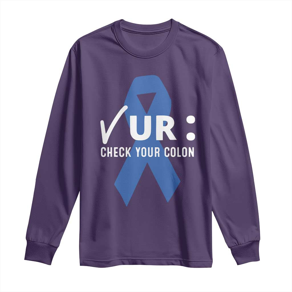 Funny Check Your Colon Colorectal Cancer Awareness Long Sleeve Shirt Dark Blue Ribbon
