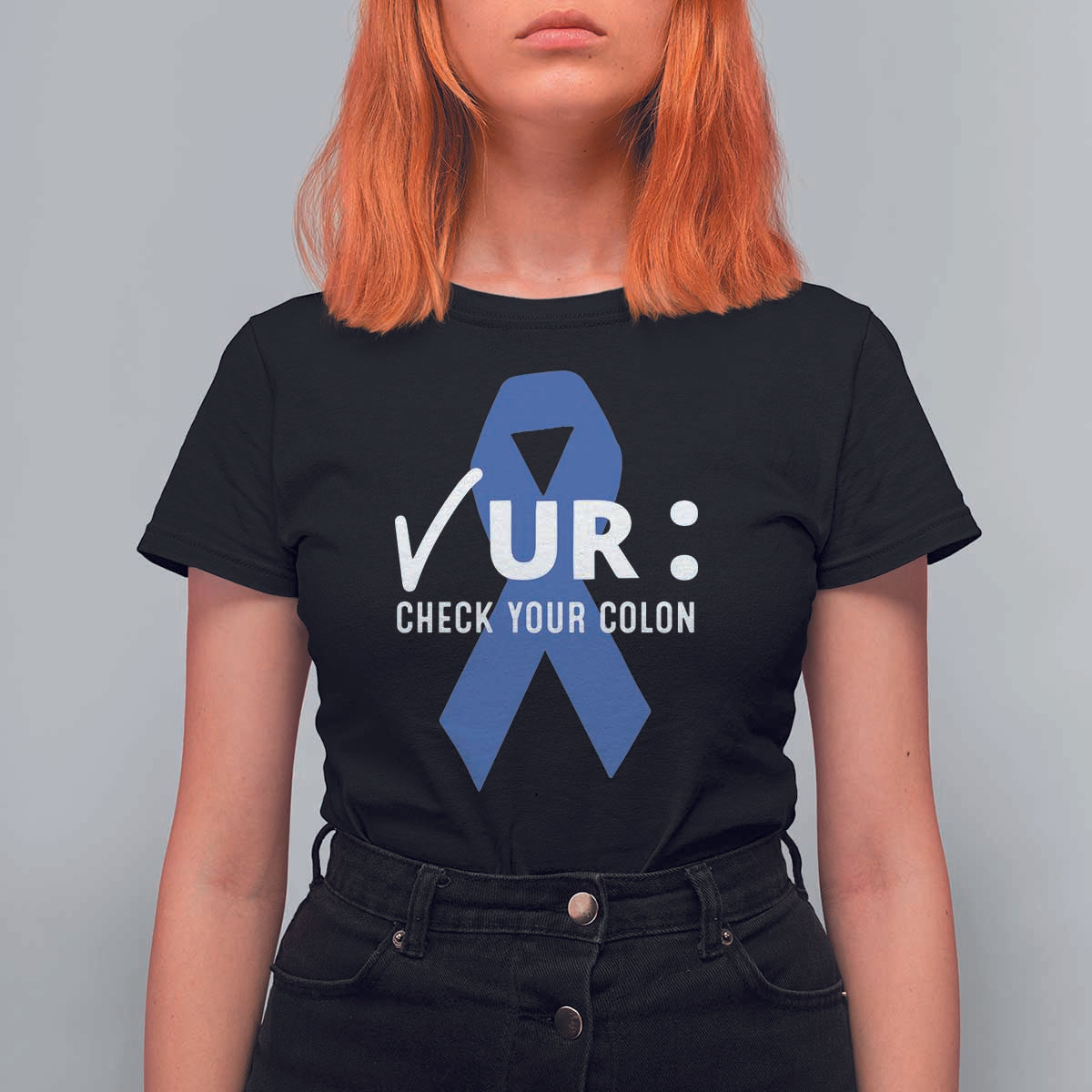 Funny Check Your Colon Colorectal Cancer Awareness T Shirt For Women Dark Blue Ribbon