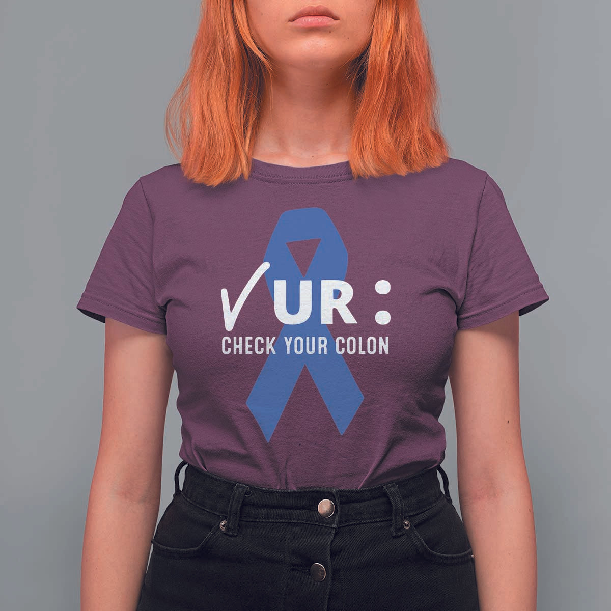 Funny Check Your Colon Colorectal Cancer Awareness T Shirt For Women Dark Blue Ribbon
