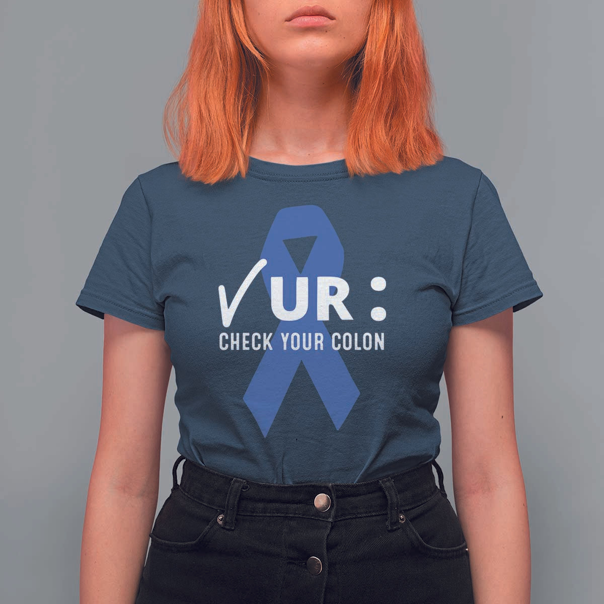 Funny Check Your Colon Colorectal Cancer Awareness T Shirt For Women Dark Blue Ribbon
