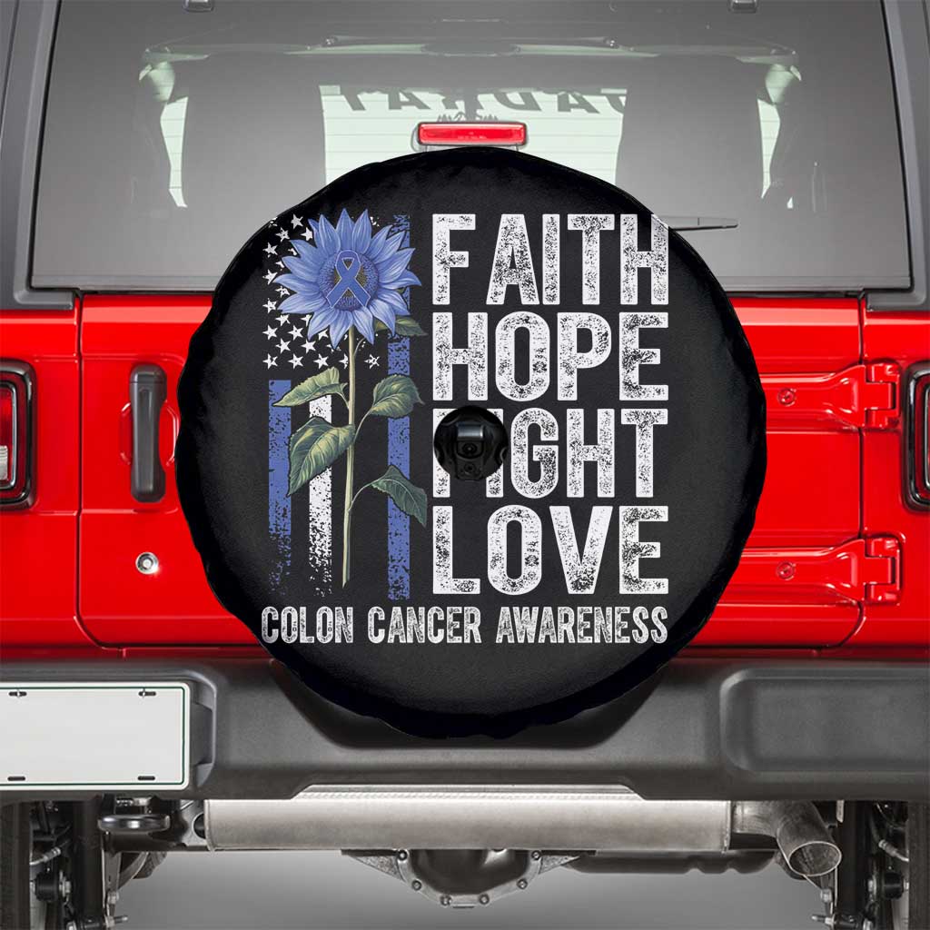 Colon Cancer Awareness Spare Tire Cover Faith Hope Fight Love Sunflower USA Flag