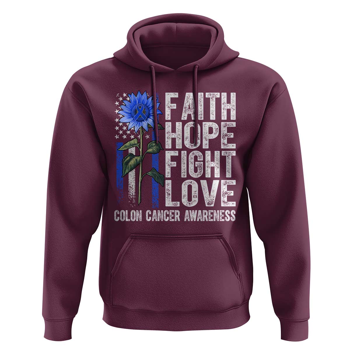 Colon Cancer Awareness Hoodie Faith Hope Fight Love Sunflower USA Flag