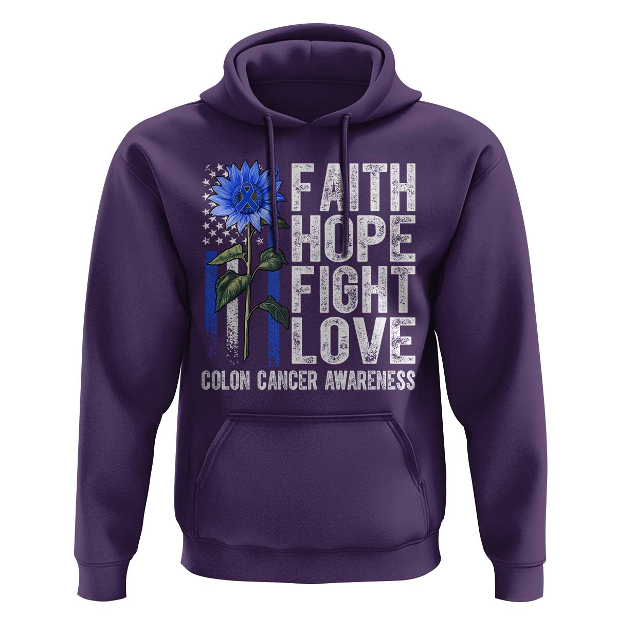 Colon Cancer Awareness Hoodie Faith Hope Fight Love Sunflower USA Flag