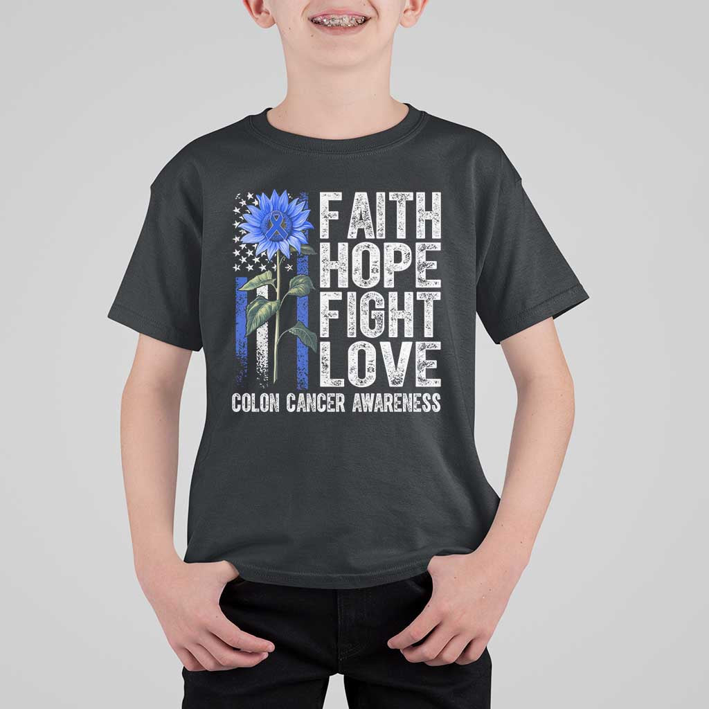 Colon Cancer Awareness T Shirt For Kid Faith Hope Fight Love Sunflower USA Flag