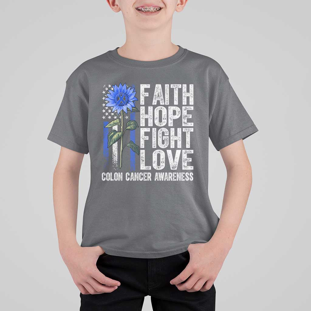 Colon Cancer Awareness T Shirt For Kid Faith Hope Fight Love Sunflower USA Flag