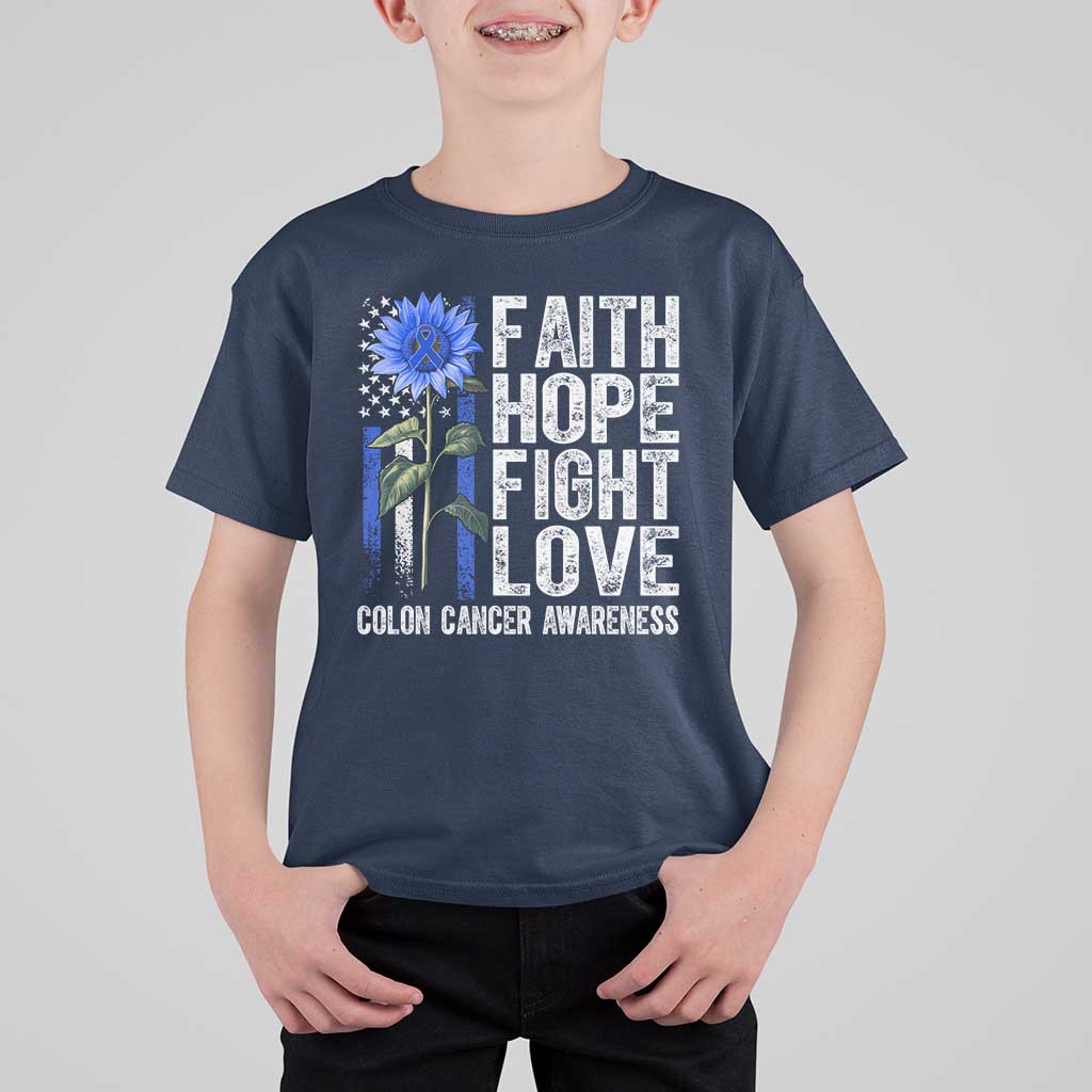Colon Cancer Awareness T Shirt For Kid Faith Hope Fight Love Sunflower USA Flag