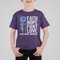 Colon Cancer Awareness T Shirt For Kid Faith Hope Fight Love Sunflower USA Flag