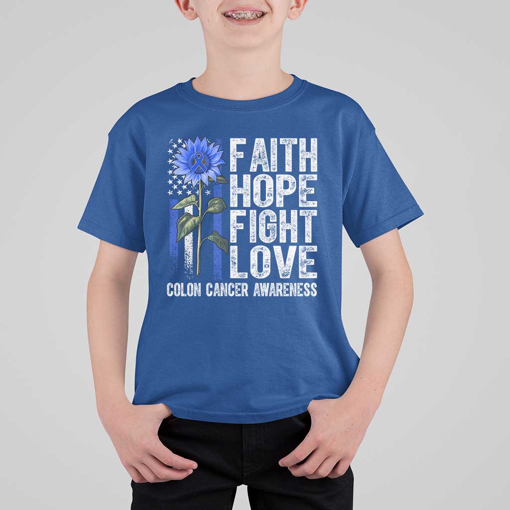 Colon Cancer Awareness T Shirt For Kid Faith Hope Fight Love Sunflower USA Flag