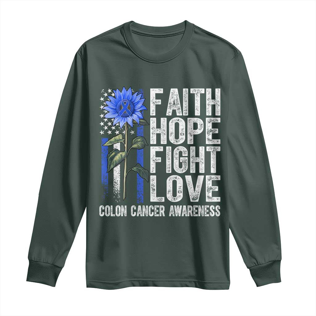 Colon Cancer Awareness Long Sleeve Shirt Faith Hope Fight Love Sunflower USA Flag