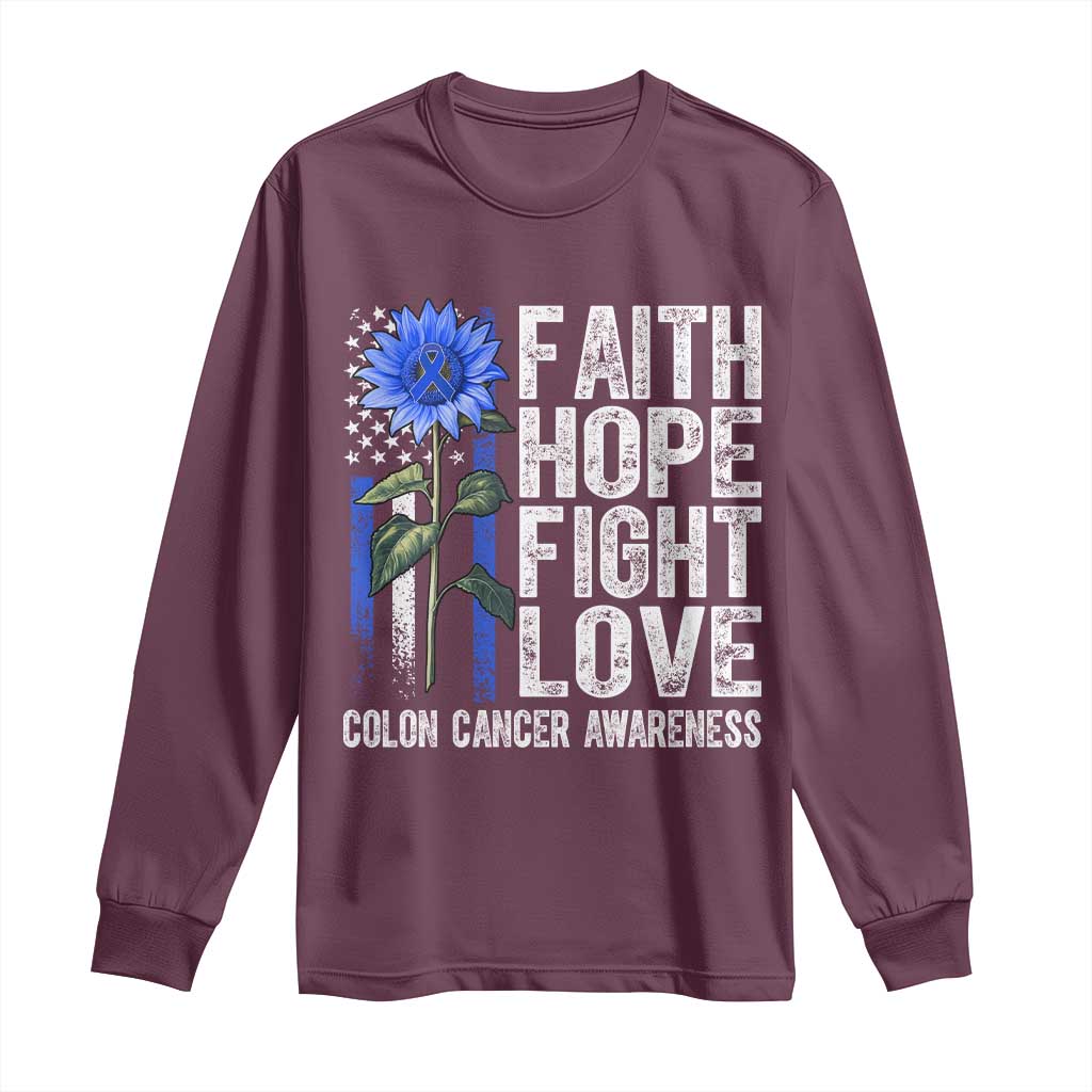 Colon Cancer Awareness Long Sleeve Shirt Faith Hope Fight Love Sunflower USA Flag